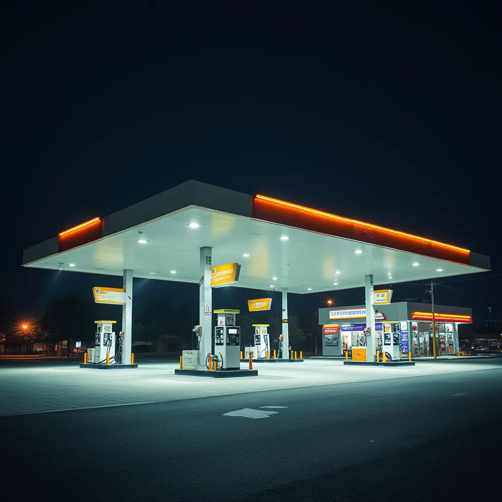 Estación de servicio argentina iluminada por la noche