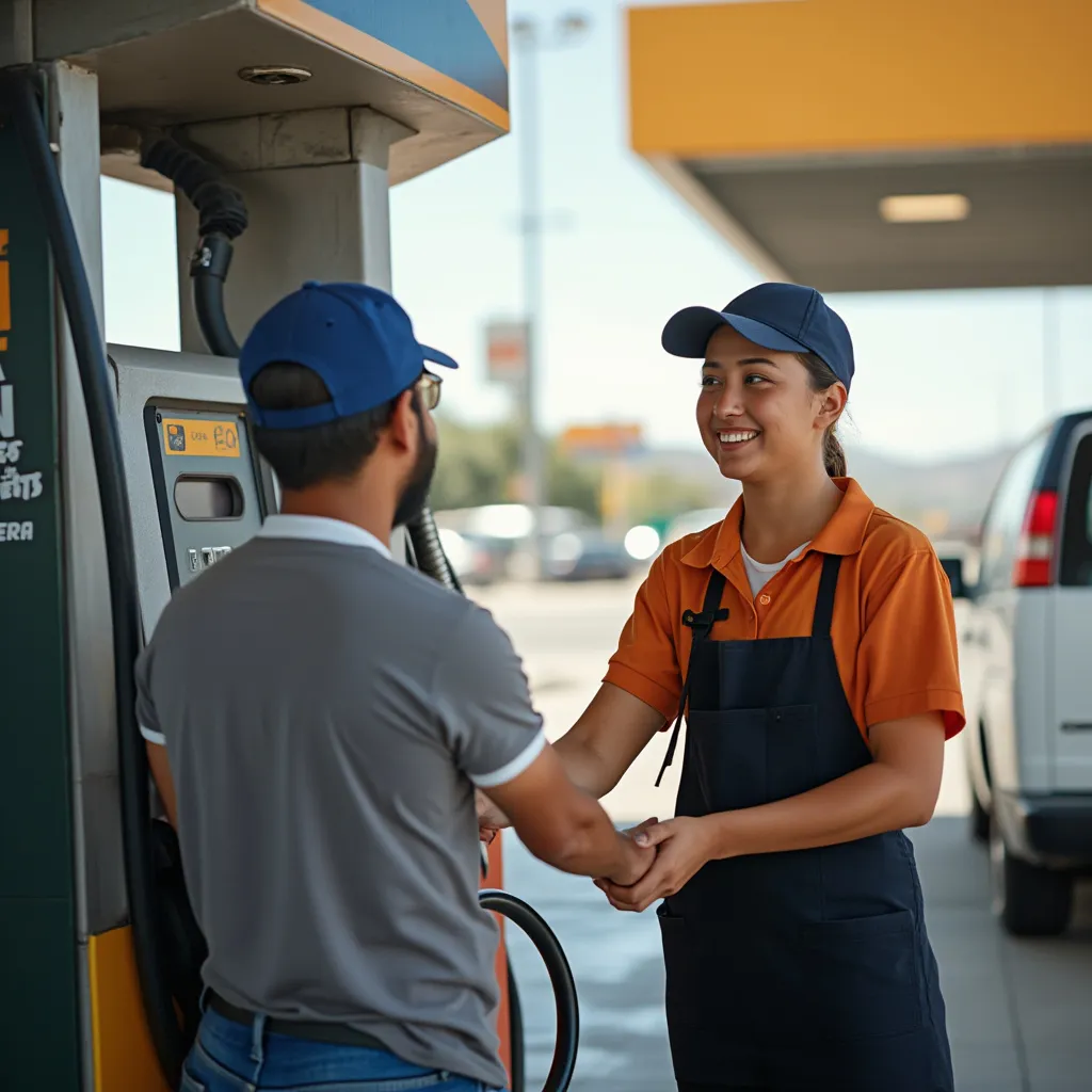Personal de estación de servicio atendiendo a un cliente